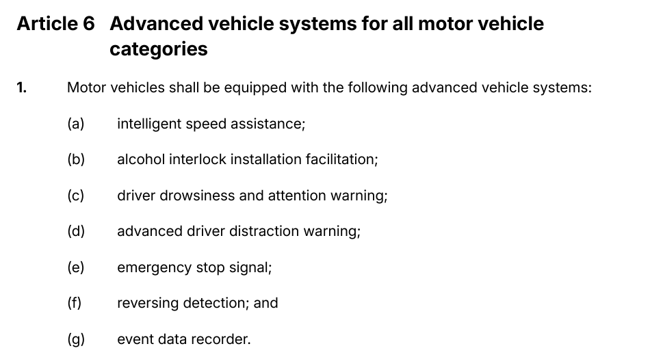 EU 2019/2144 Article 6 listing seven advanced vehicle systems
