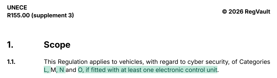 UN R155 clause 1.1 with changes highlighted in the RegVault document output